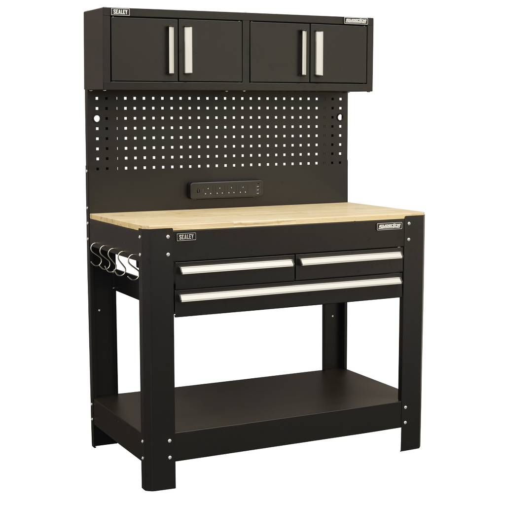 Superline PRO® Workbench with Pegboard Back Panel, Power Bar & Wooden Worktop
