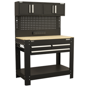Superline PRO® Workbench with Pegboard Back Panel, Power Bar & Wooden Worktop