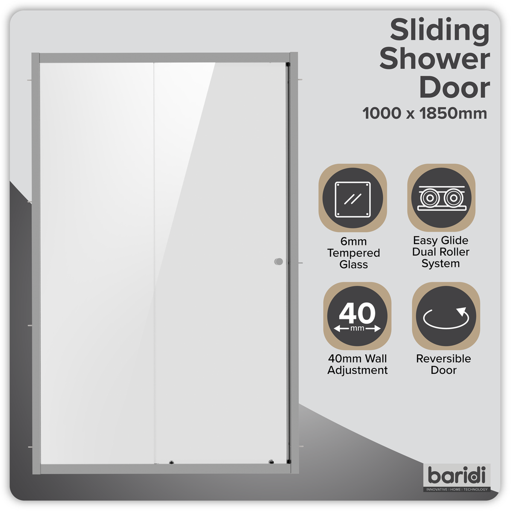 Sliding Shower Door 1000 x 1850mm, 6mm Tempered Glass, Reversible - Chrome