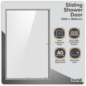 Sliding Shower Door 1000 x 1850mm, 6mm Tempered Glass, Reversible - Chrome