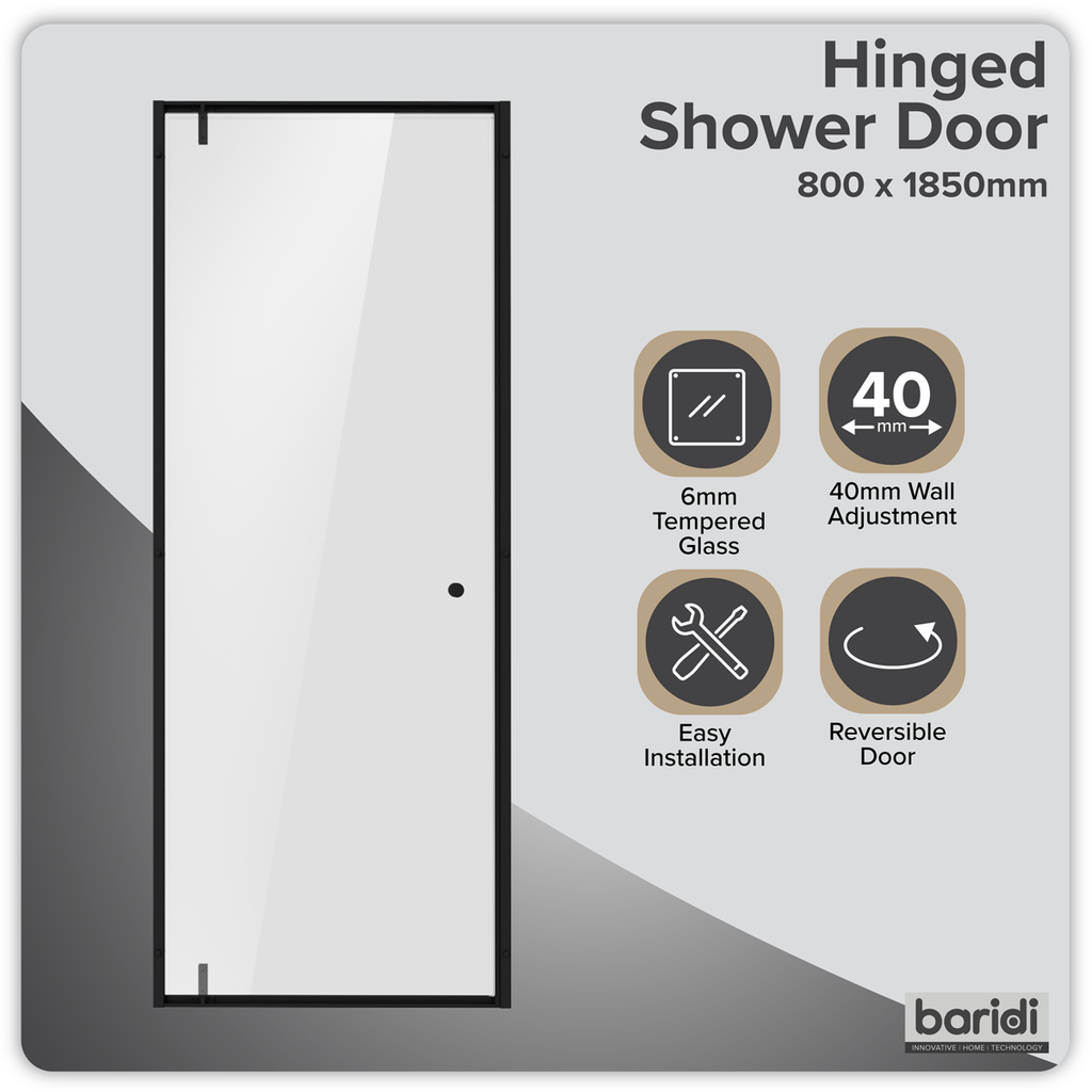 Hinged Shower Door 800 x 1850mm, 6mm Tempered Glass, Reversible - Black