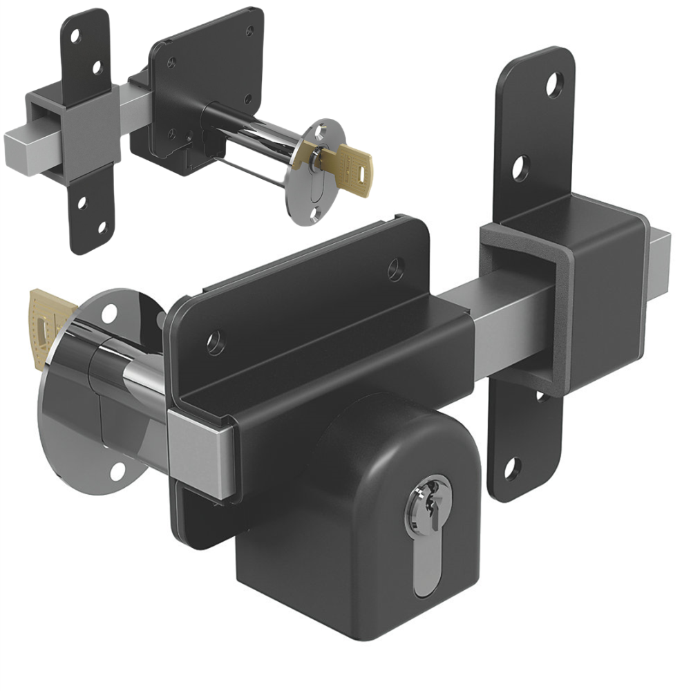 Gatemate Euro Profile Long Throw Lock Gate Shed Door Security Bolt  Double Locking Black & Stainless Steel