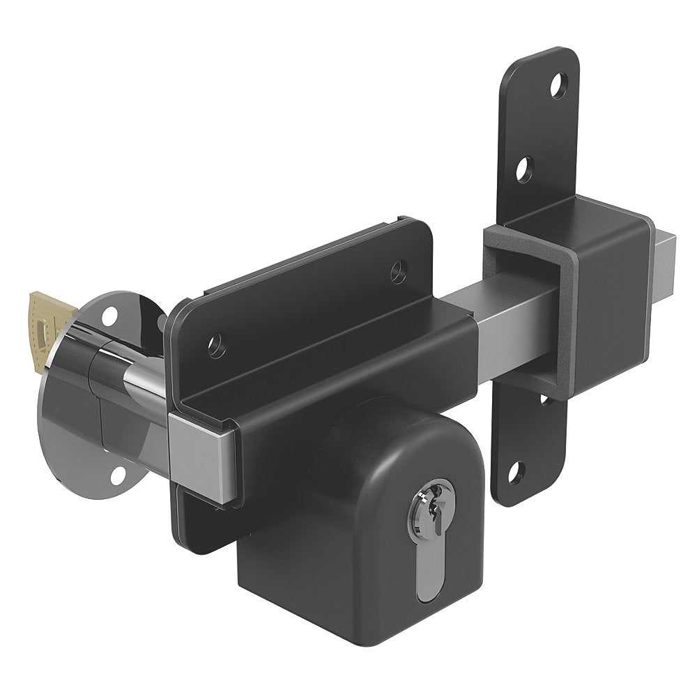 Gatemate Euro Profile Long Throw Lock Gate Shed Door Security Bolt  Double Locking Black & Stainless Steel