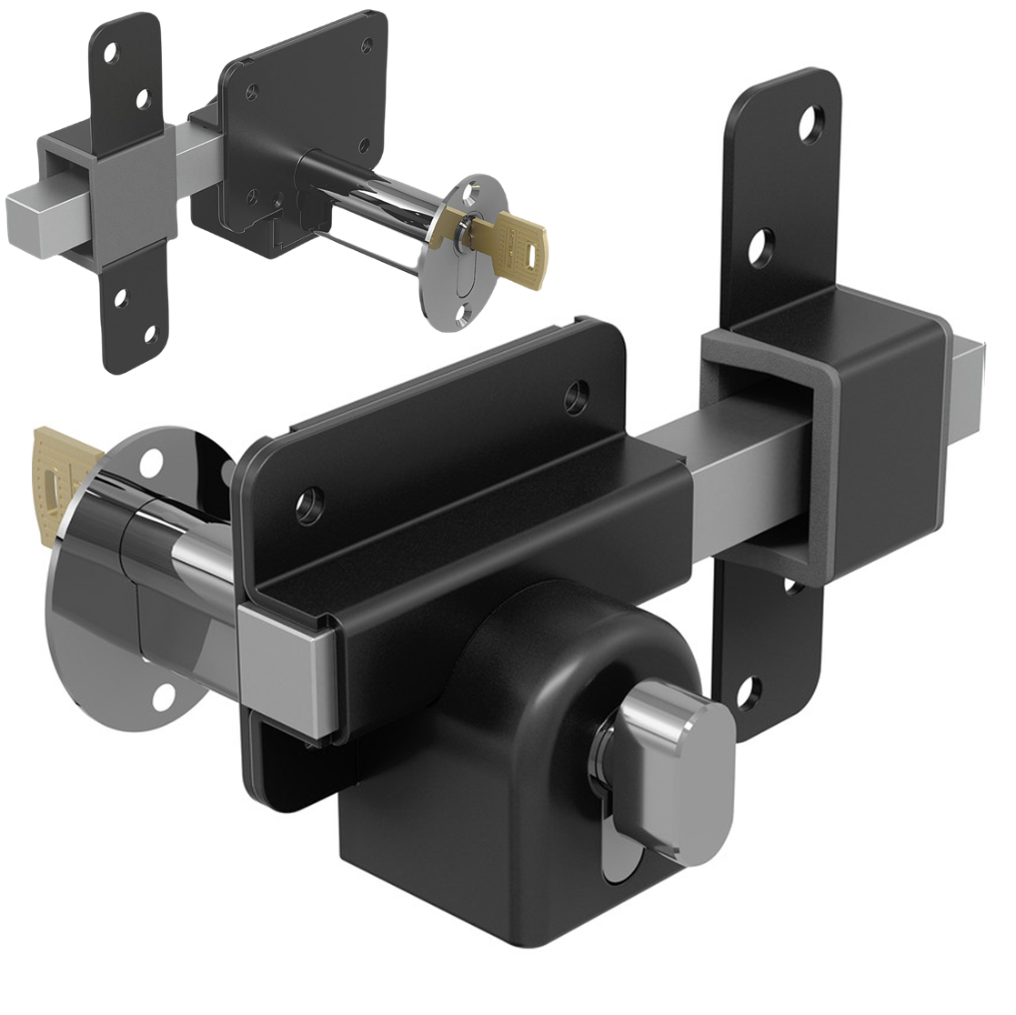 Gatemate Euro Profile Long Throw Lock Gate Shed Door Security Bolt  Single Locking Black & Stainless Steel