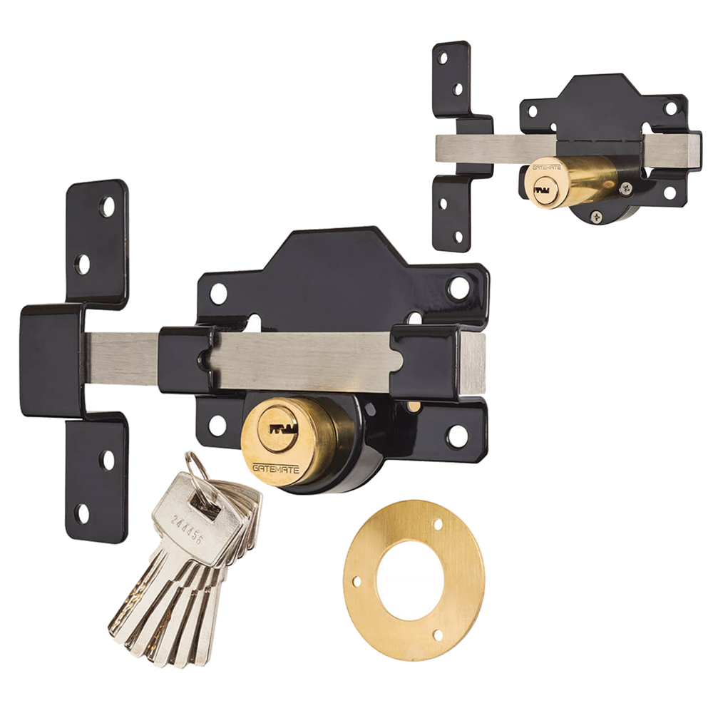 Gatemate Premium Long Throw Double Locking Both Sides Rimlock Bolt Gate Shed Lock Black Stainless Steel