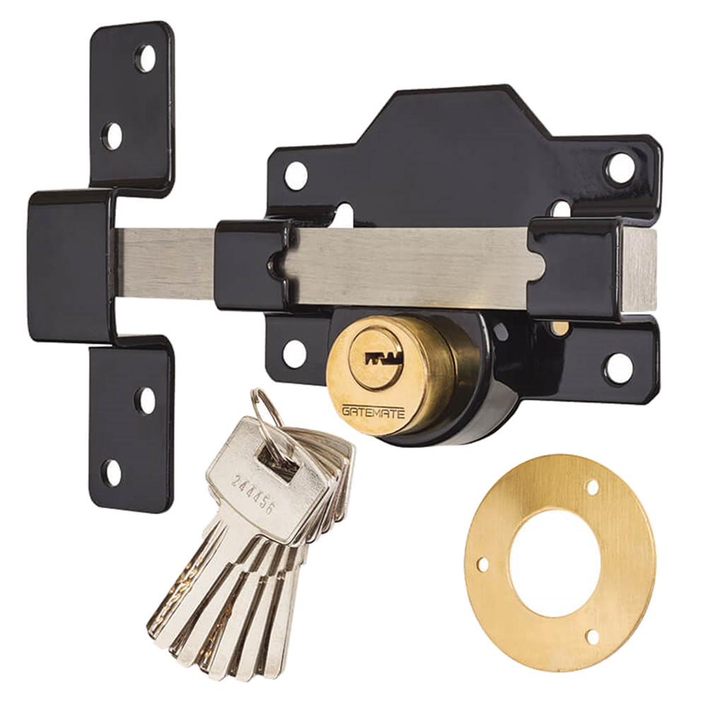 Gatemate Premium Long Throw Double Locking Both Sides Rimlock Bolt Gate Shed Lock Black Stainless Steel