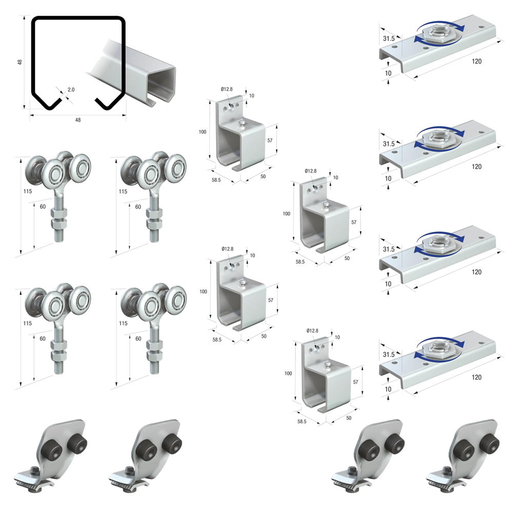 Runners Series 50 Heavy Duty Industrial External Sliding Agricultural Warehouse Stable Barn Door Gear Track System Kit Set 440kg 3mtr Double Door Kit