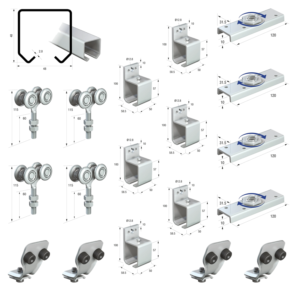 Runners Series 50 Heavy Duty Industrial External Sliding Agricultural Warehouse Stable Barn Door Gear Track System Kit Set 440kg 5mtr Double Door Kit