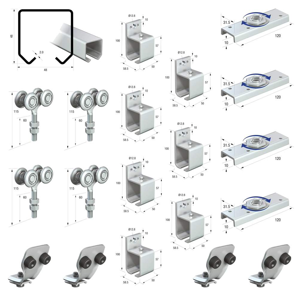 Runners Series 50 Heavy Duty Industrial External Sliding Agricultural Warehouse Stable Barn Door Gear Track System Kit Set 440kg 6mtr Double Door Kit