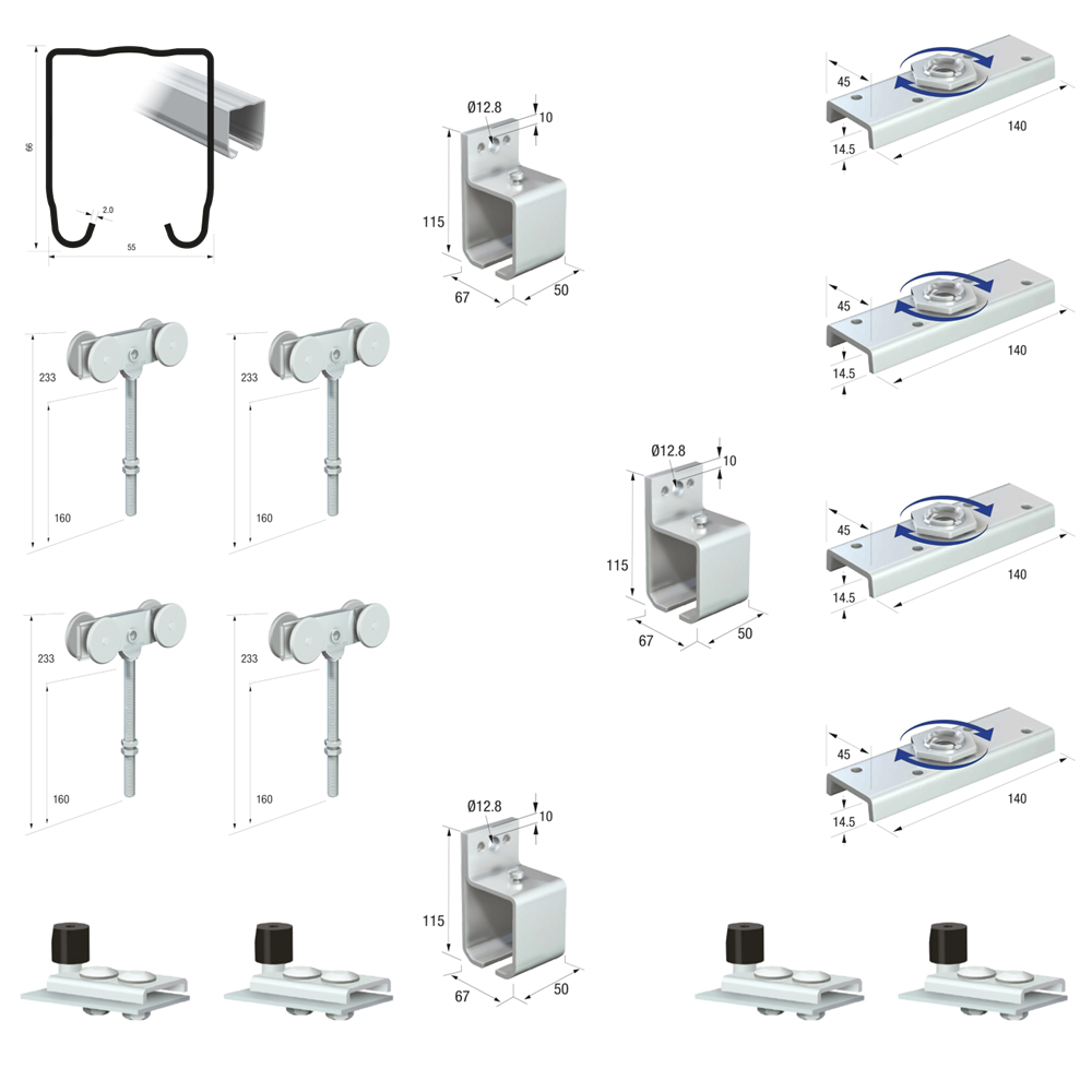 Runners Series 70 Heavy Duty Industrial External Sliding Agricultural Warehouse Stable Barn Door Gear Track System Kit Set 600kg 2mtr Double Door Kit