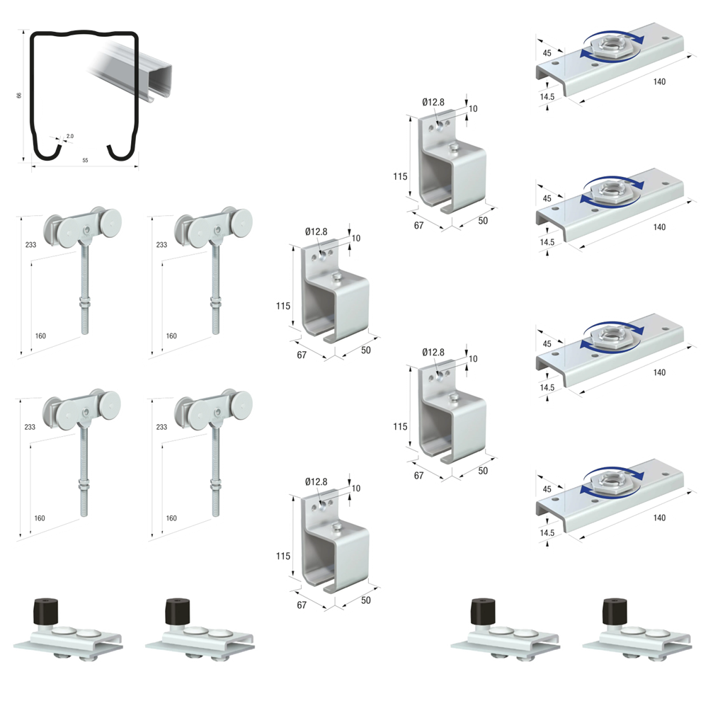 Runners Series 70 Heavy Duty Industrial External Sliding Agricultural Warehouse Stable Barn Door Gear Track System Kit Set 600kg 3mtr Double Door Kit