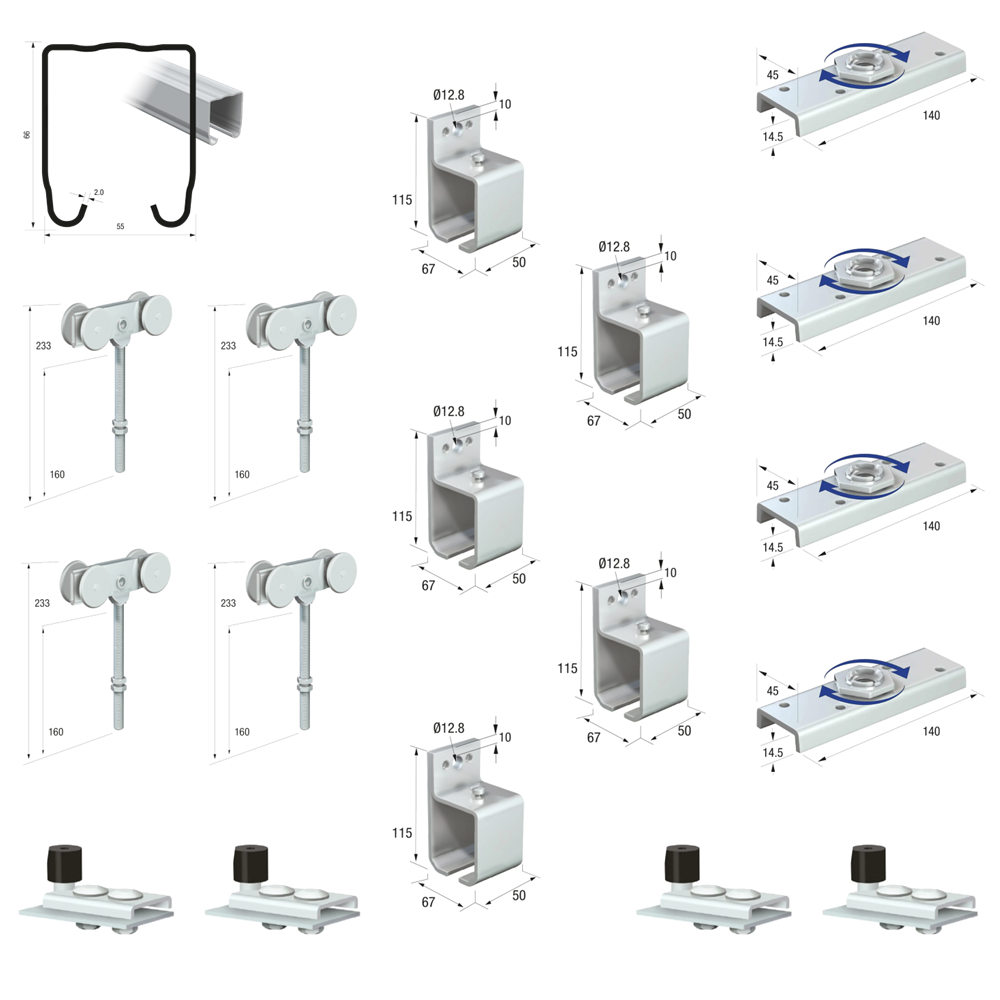 Runners Series 70 Heavy Duty Industrial External Sliding Agricultural Warehouse Stable Barn Door Gear Track System Kit Set 600kg 4mtr Double Door Kit