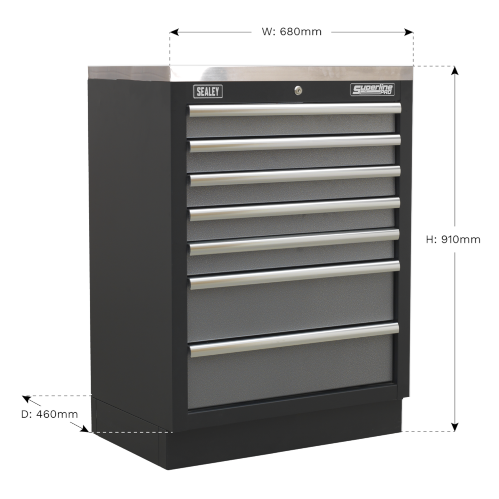 Sealey APMS62 Superline Pro Modular Heavy-Duty 7 Drawer Floor Mounted Tool Storage Box Garage Workshop Cabinet Unit 680mm