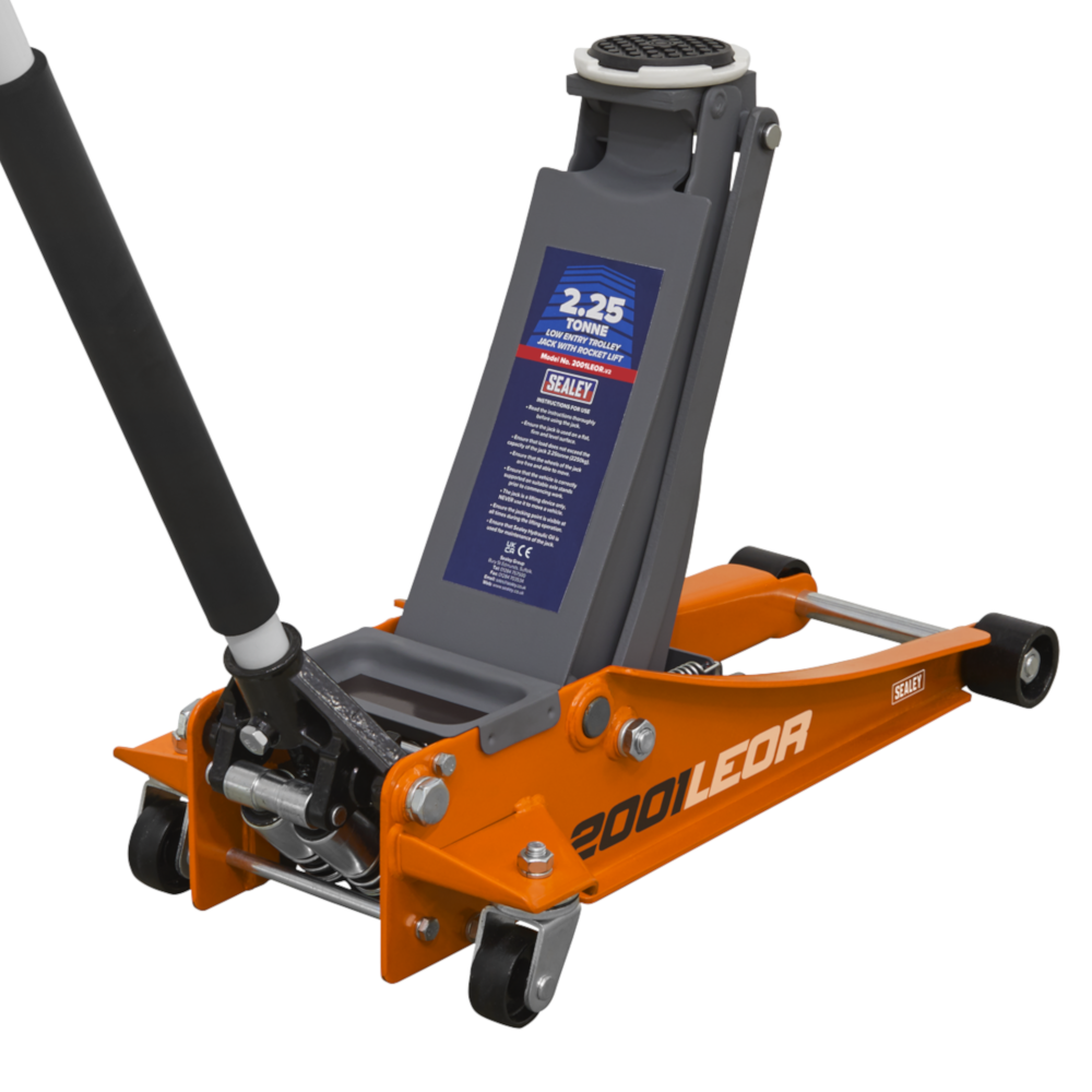 Sealey 2001LEOR 2.25 Tonne Low Entry Profile Garage Workshop Trolley Jack with Rocket Lift Orange