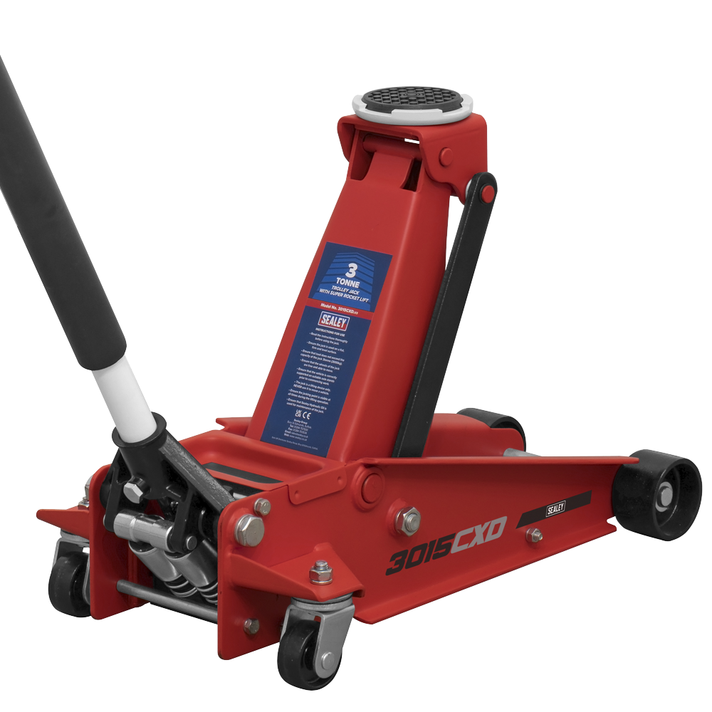 Sealey 3015CXD 3 Tonne Garage Workshop Vehicle Lifting Trolley Jack with Super Rocket Lift Red