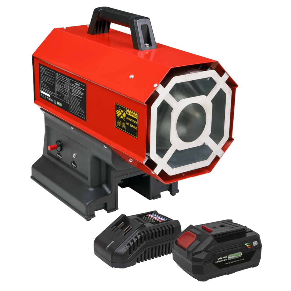 Sealey LP69C Space Warmer Propane Gas Heater with 4Ah Battery & Charger, 68,500BTU 20kW