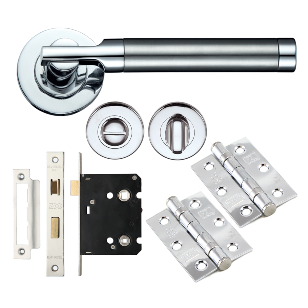TW2000 Lever Door Handle Bathroom Pack with Ball Bearing Hinges Satin Polished Chrome