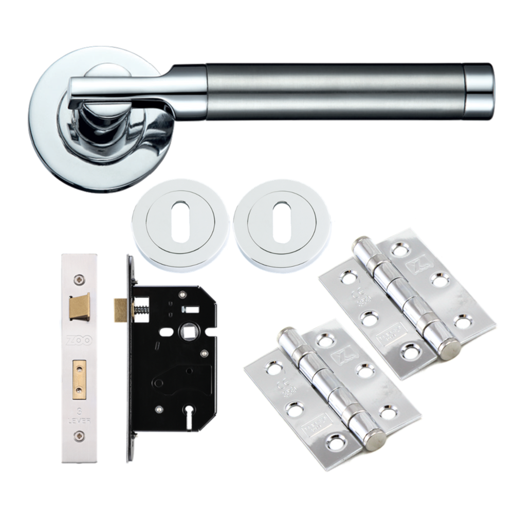 TW2000 Lever Door Handle Lock Pack with Ball Bearing Hinges Satin Polished Chrome